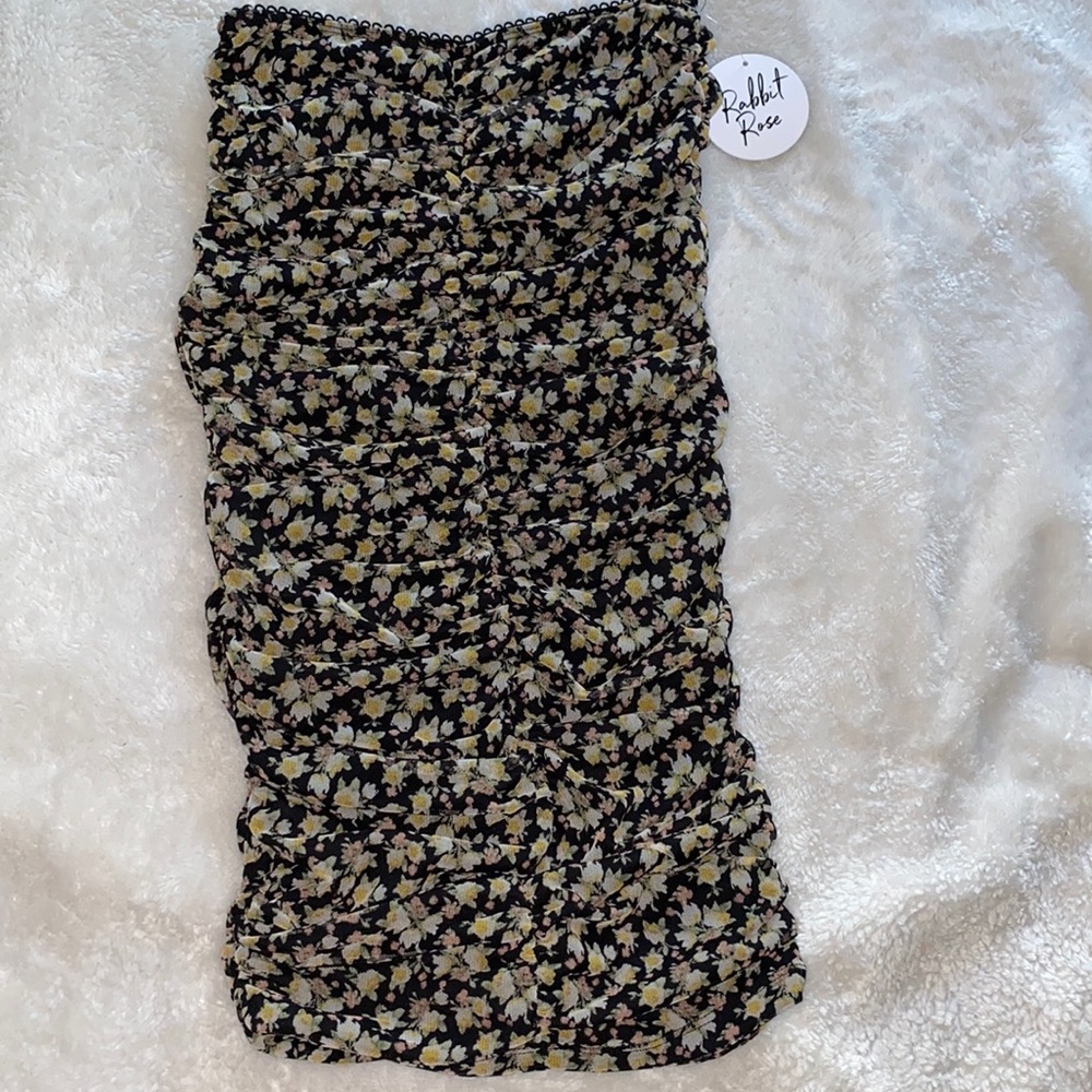 Black Multi Floral Ruched Midi Boycon Skirt